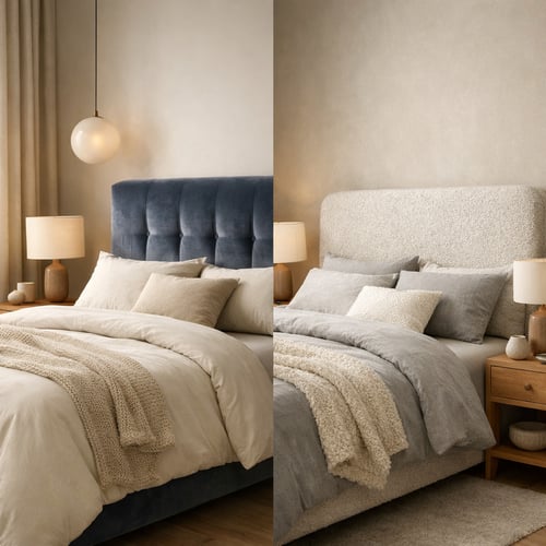 Close-up of two upholstered bed frames UK – one in navy velvet with tufted headboard, the other in soft boucle fabric, both styled with cosy bedding and bedside lamps in modern UK bedrooms.