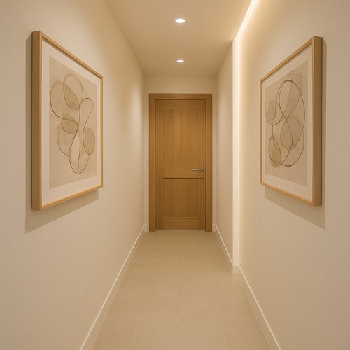 Minimalist hallway idea featuring warm beige tones, light tiled flooring, wooden door and matching abstract wall art creating a calming and modern look.