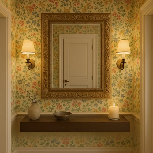 Ornate gold-framed hallway mirror set against floral wallpaper, with warm lighting and a lit candle — charming and cosy hallway mirror ideas for vintage-style entrances.