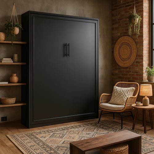 Tall black cabinet in a cosy living space, hiding a fold-down Murphy bed behind closed doors — a clever design example for explaining what is a Murphy bed and how it helps save floor space in smaller homes.