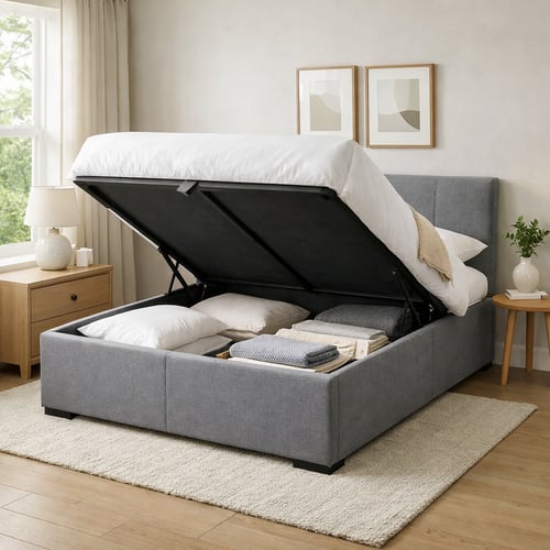 Modern bedroom with an upholstered storage bed lifted to show the spacious compartment underneath, helping to illustrate what is a divan bed and how built-in storage works.