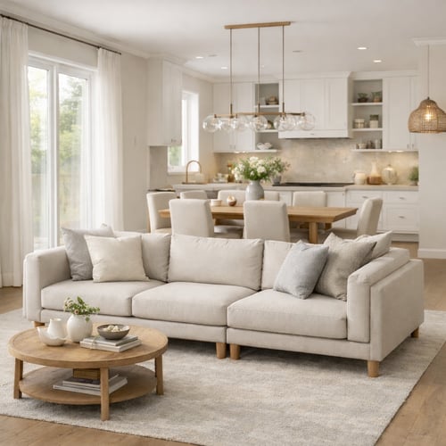 Spacious open-plan room with a large light beige sofa and dining area in the background, illustrating how to choose sofa size that fits both lounging and entertaining needs.