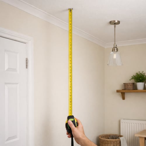 A person measuring ceiling height with a yellow tape measure in a neutral-toned room with pendant lighting – showing how to measure for a wardrobe from floor to ceiling.