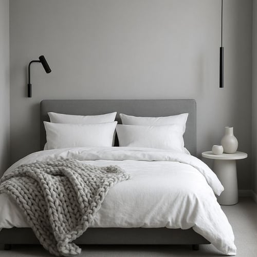Minimalist grey bedroom with soft white bedding, grey headboard, and chunky knit throw
