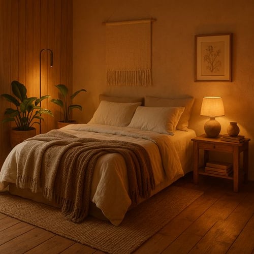 Warm cosy bedroom with ambient lighting