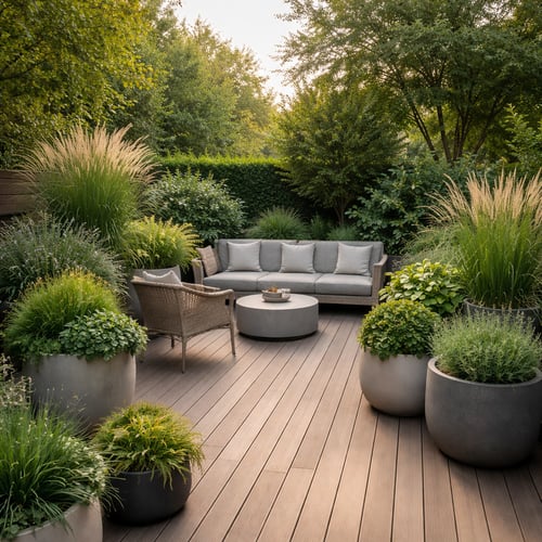 Ideas for terrace garden – cosy wooden deck seating area surrounded by lush greenery and potted plants in a private outdoor space.