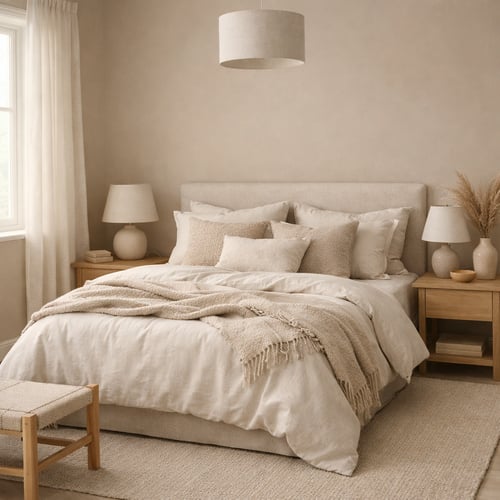 Cosy beige bedroom ideas featuring layered neutral textiles, textured cushions and warm wooden furniture for a soft, inviting look.”