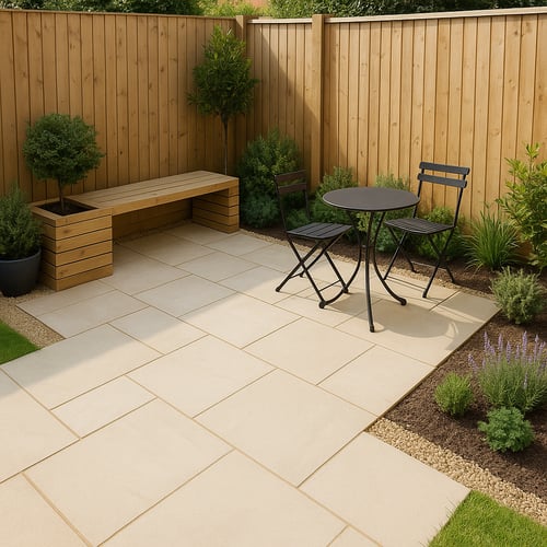 Modern garden patio featuring light sandstone slabs, a minimalist black bistro set, and a built-in wooden bench surrounded by greenery – stylish garden slab ideas for small urban spaces.