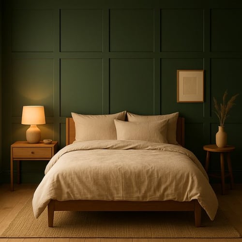 Minimalist Green Bedroom with Beige Linen Bedding