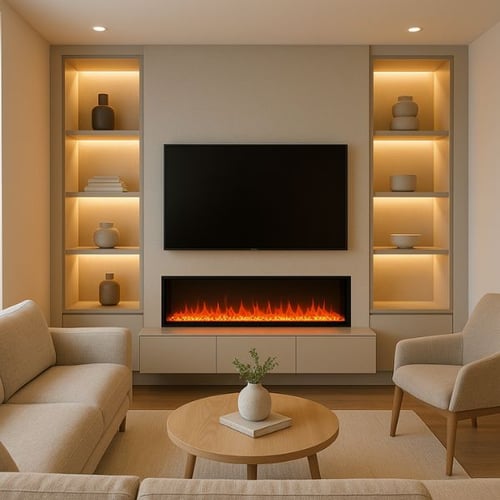 Cozy media wall idea with built-in shelves, ambient lighting, and an electric fireplace beneath the TV