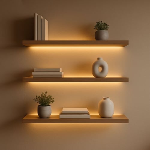 Three lit wooden shelves showing stylish shelf lighting ideas with books, plants, and vases