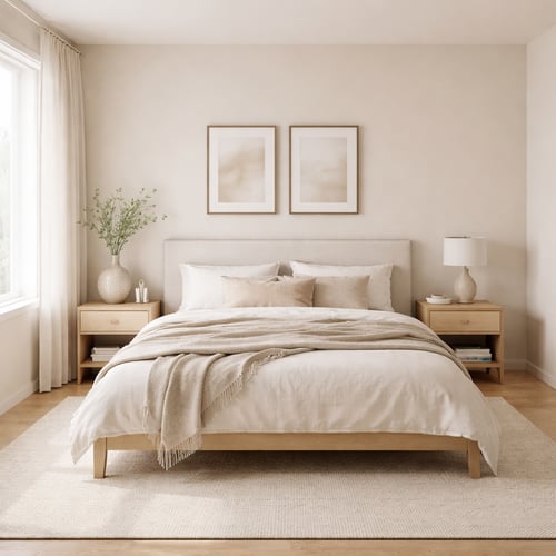Calming beige bedroom ideas shown with a minimalist bed, soft neutral bedding and light wood furniture creating a warm and airy space.