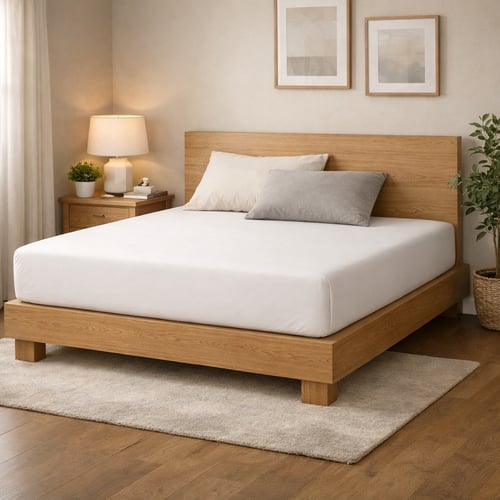 Minimalist wooden bed with a firm, flat mattress and neutral bedding – ideal setup for the best mattress for back pain.