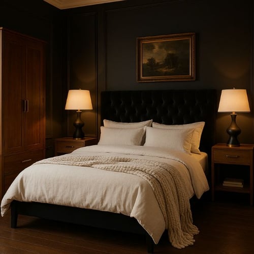 Elegant black bedroom with tufted headboard