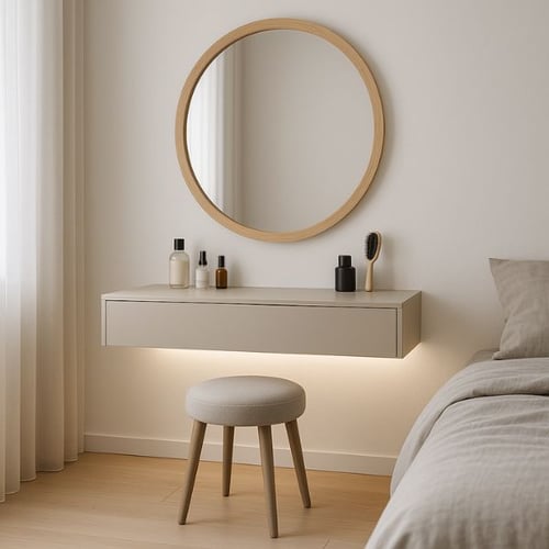 Floating dressing table with round mirror and soft stool 