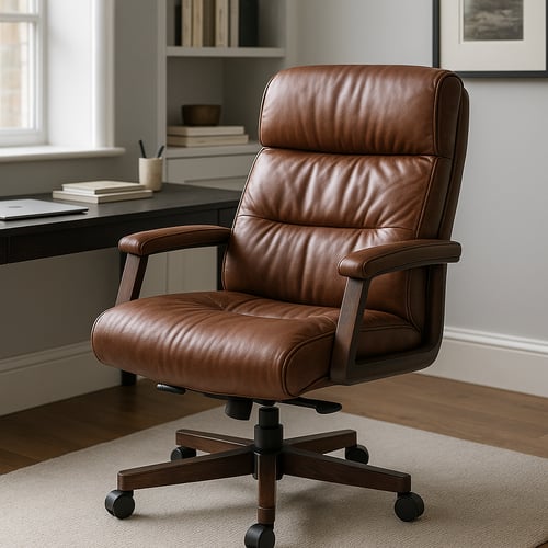 Luxurious brown leather desk chair with cushioned seat and armrests in a sophisticated workspace, a stylish contender for the best desk chair for executives.