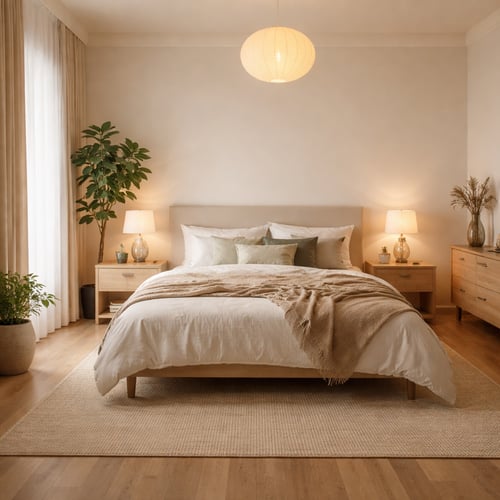 A serene bedroom with a neutral-toned bed placed against a solid wall, balanced with nightstands and houseplants on both sides, reflecting harmonious bed placement for feng shui principles.