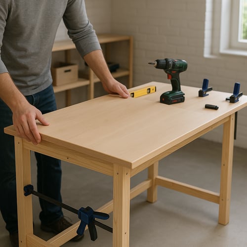 Man assembling a diy desk using a spirit level on a wooden tabletop, with a cordless drill and clamps on the workspace in a bright home workshop setting.