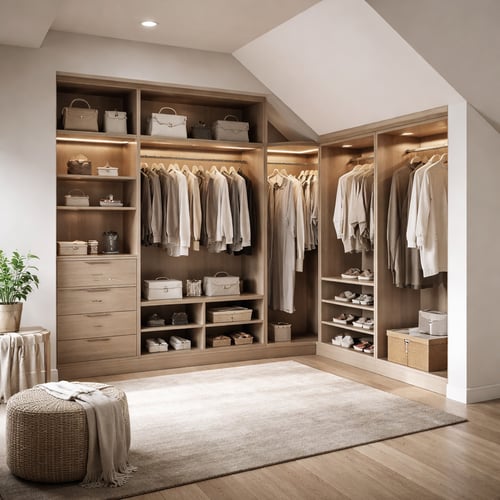 Spacious walk-in wardrobe with open wooden shelving, hanging rails and soft lighting, offering elegant walk in wardrobe ideas for organised storage.”