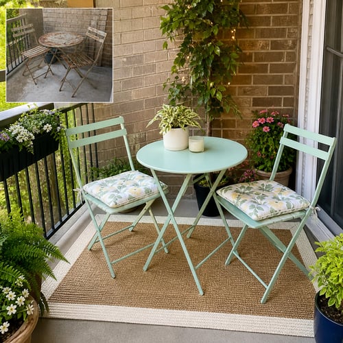 Cosy balcony with mint green bistro table and chairs, plants and outdoor rug – simple and affordable garden seating ideas for small spaces.