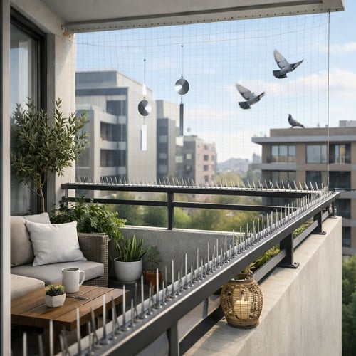 How to keep pigeons off balcony – balcony fitted with protective netting and anti-bird spikes to prevent pigeons from landing.