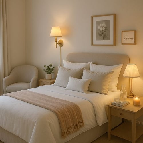 Warm guest bedroom with soft lighting, beige bedding, and cozy decor
