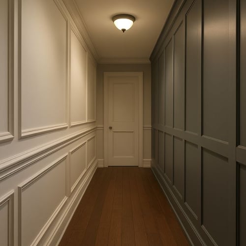 Narrow hallway with classic white and grey paneling and warm wood flooring, ideal for small hallway ideas