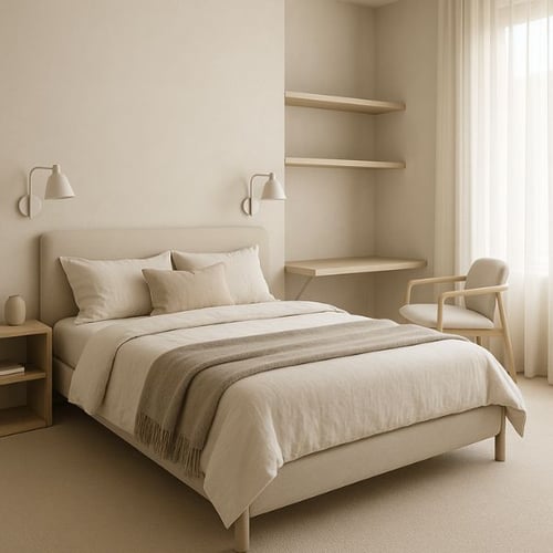 Minimalist guest bedroom with neutral tones and built-in desk.