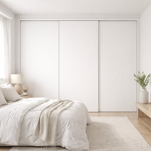 Minimalist white bedroom with a clean sliding-door wardrobe, soft bedding and natural wood accents – modern example of white bedroom ideas for small and spacious interiors.