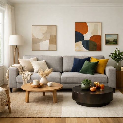 Modern living room with a grey sofa styled with navy, green, mustard and neutral cushions, showing what colours go with grey sofa for a warm and inviting look.