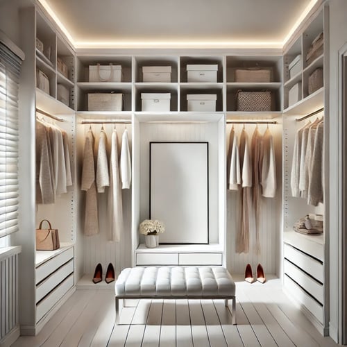 minimalistic, white walk-in wardrobe for woman, stylish and well organised