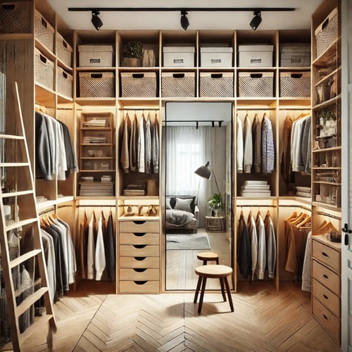 walk-in wardrobe in warm colours, wooden floor and mirror