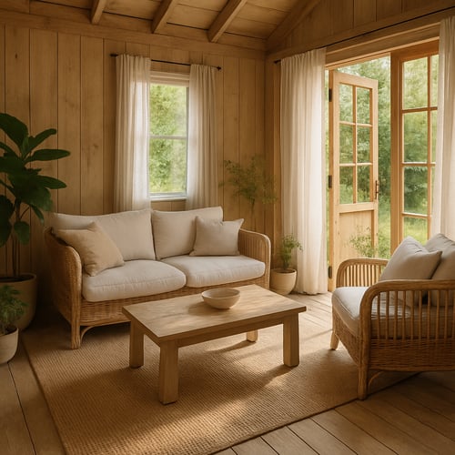 Cosy summerhouse interior with natural wood walls, a rattan sofa and armchair with cream cushions, and a light wooden coffee table on a woven rug, ideal for relaxed summerhouse furniture ideas.