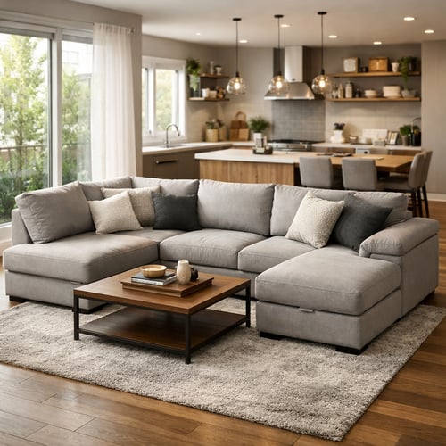 Spacious living room with a large grey corner sofa and wooden coffee table, providing a clear example for understanding comfort differences in the settee vs sofa debate.