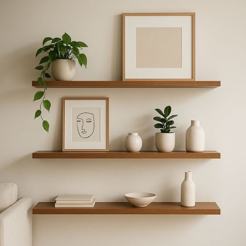 Three floating shelves with framed art, plants, and ceramics on a neutral wall.
