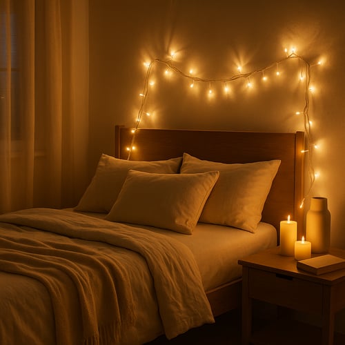 Warm and cosy bedroom with soft bedding, glowing fairy lights above the headboard and lit candles on the bedside table – perfect for relaxing bedroom ideas with ambient lighting.