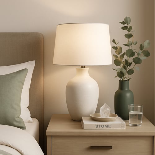 Neutral-toned bedside table with a ceramic lamp, eucalyptus in a green vase, crystal decor and a glass of water – elegant and calming bedside table inspiration.