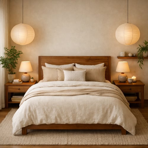 A wooden bed placed symmetrically between two nightstands with soft lighting and beige bedding, creating a calm and balanced atmosphere ideal for bed placement for feng shui.