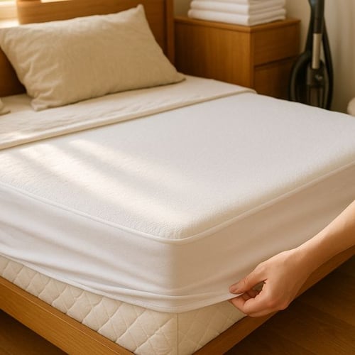 Fitted mattress protector being placed – final step in how to clean a mattress and keep it fresh