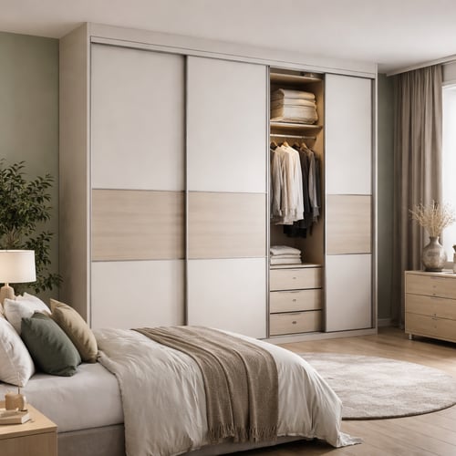 Modern sliding wardrobe with partially open doors revealing neatly organised clothes and drawers, highlighting contemporary design and practicality in the sliding wardrobes vs hinged debate.