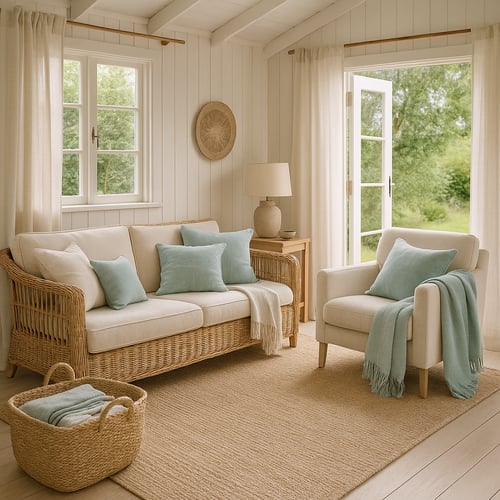 Bright and airy summerhouse with a wicker sofa and armchair featuring pastel green cushions, wooden furniture, and light curtains, reflecting refreshing and modern summerhouse furniture ideas.