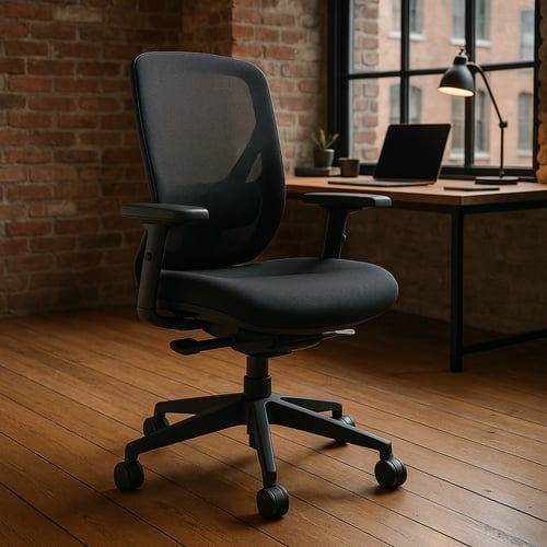Modern black mesh ergonomic desk chair in an industrial-style home office with brick walls, representing a sleek and supportive option among the best desk chairs.