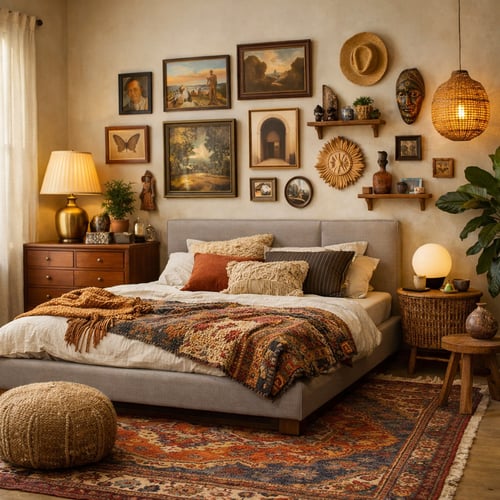 Eclectic bedroom filled with vintage artwork, layered textiles, and warm earthy tones – a bold representation of bedroom trends 2026 celebrating personality, nostalgia, and maximalist aesthetics.