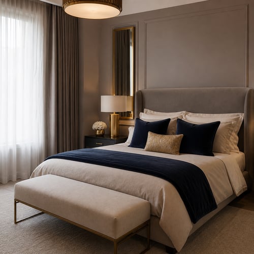 Luxury bedroom with upholstered bed, navy accents, gold details and bench at the foot – sophisticated glam bedroom ideas for a modern home.