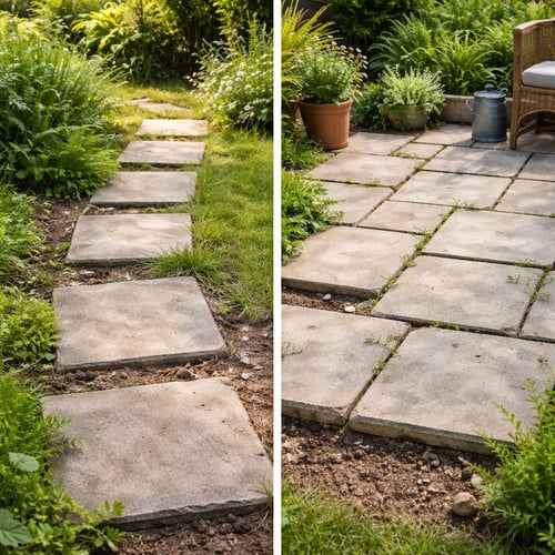 How to lay a patio – step-by-step view of laying paving slabs along a garden path with spaced stone slabs on soil base.