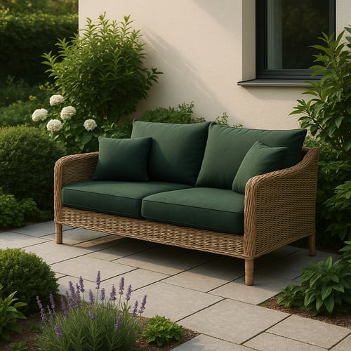 Comfortable rattan two-seater with deep green cushions placed on a stone patio, surrounded by lush greenery – a stylish and compact choice for the best outdoor couch for small gardens.