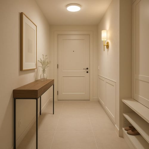 Bright hallway with console table, built-in shoe bench, and wall sconces, showcasing functional small hallway ideas