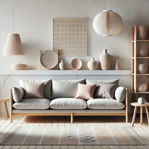 A Scandinavian-inspired living room featuring a grey sofa, complemented by soft pastel cushions and light wood furniture. The space is styled with ceramic vases, a geometric rug, and a soft paper lampshade, creating a serene and inviting atmosphere. 