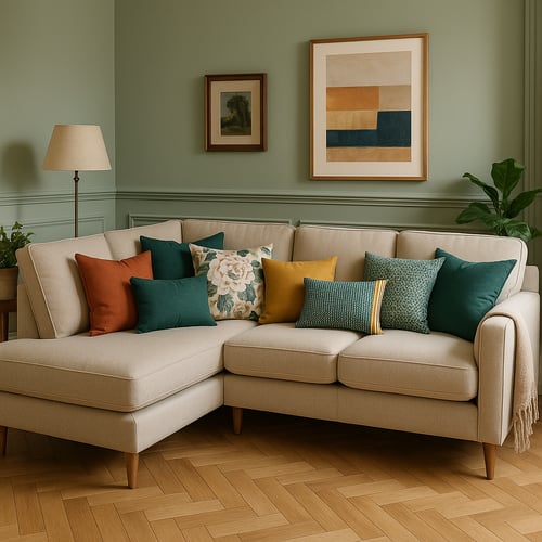 Cosy corner sofa in a light beige fabric decorated with a mix of patterned and plain cushions in earthy and green tones, showing how to arrange cushions on a corner sofa for a soft and natural interior style.