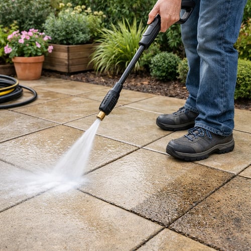 How to clean patio slabs – using a pressure washer to clean patio paving, effectively removing dirt and grime from outdoor slabs.